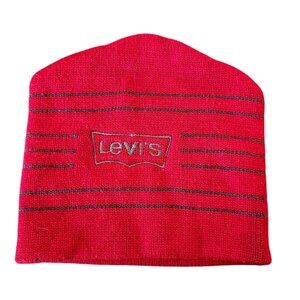 Vintage Levis Red Beanie Stocking Hat Knit Striped Taiwan Embroidered‎ LEVI'S